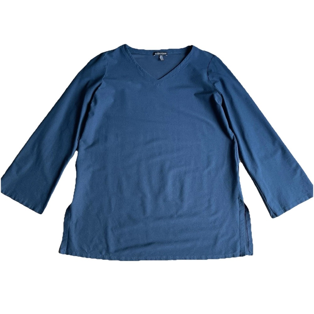 Eileen Fisher V-Neck Crepe Tunic Teal XS/TP Oversized Stretchy Side Splits
